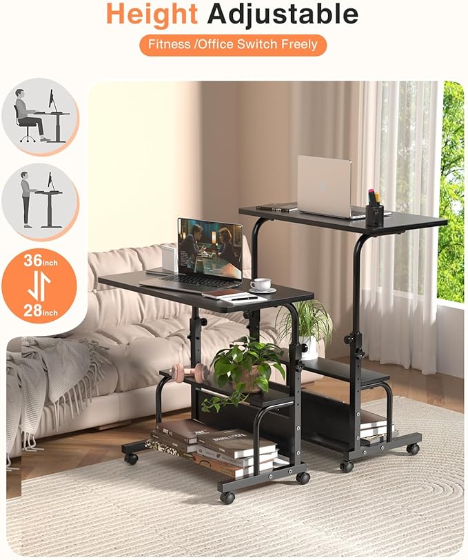 QZMDSM Portable Rolling Desk on Wheels Adjustable Height Desks for Small Spaces, 32" Computer Desk with Storage Shelves for Home Office Black