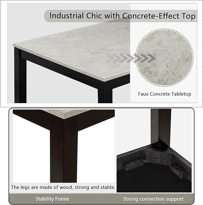 6-Piece Dining Table Set with Bench Solid Wood Kitchen Table with Concrete-Effect Tabletop and 4 Upholstered Chairs Comfortable Seating for Kitchen Restaurant Grey and Black