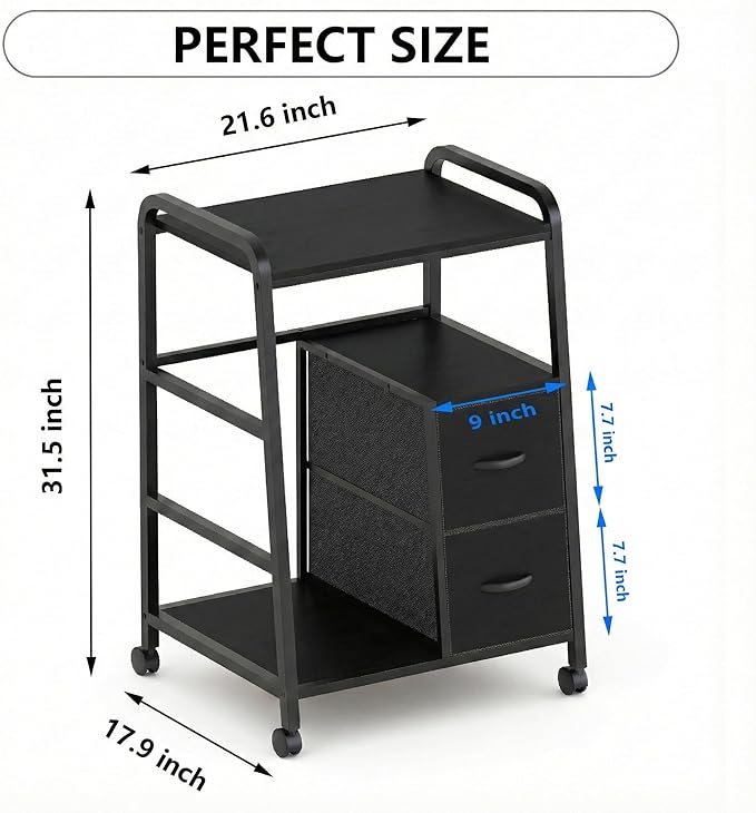 Printer Stand Featuring Fabric Drawers, Under Desk Host Computer Cabinet and Shredder Shelf, Heavy Duty Printer Stand with Storage Workstation Organization Printer Table for Home Office