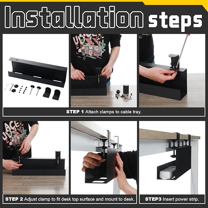 16×5×3 Inch No Drill Clamp-on Power Strip Cable Management Tray Under Standing Desk Steel Cable Organizer Wire Cord Tamer for Office, Home, Garage(Black)