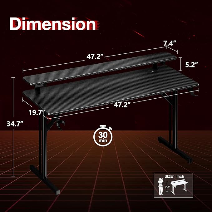 MOTPK 47 Inch Gaming Desk with LED Lights, Computer Desk Gaming Table with Monitor Shelf, Gamer Desk with Carbon Fiber Texture, Kids Boys Desk Gift for Men