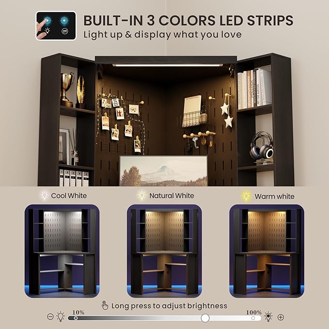 Lvifur Corner Computer Desk with LED Lights, L Shaped Study Desk with Hutch & Shelves, Triangle Home Office Desk with Charging Station for Work & Study, File Cabinet Bookshelf for Small Space (Black)