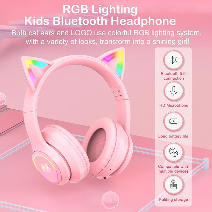 Pink Bluetooth Cat Ear Headphones for Kids & Adults, Wireless & Wired Mode Foldable Headset with Mic - Clear Sound Quality - RGB LED Light, for Girls School Gaming, for Phone/Laptop/PC/Tablet
