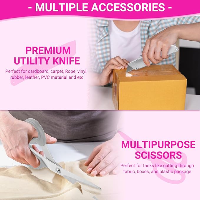 THINKLEARN Heat Tape Dispenser - Sublimation Heat Transfer Tape Dispenser with Scissors and Utility Knife, 1 '' & 3'' Core, Multi-Roll Pre-Cut Tape Dispenser for Crafting, PreCut 1.4'' Pieces, Pink
