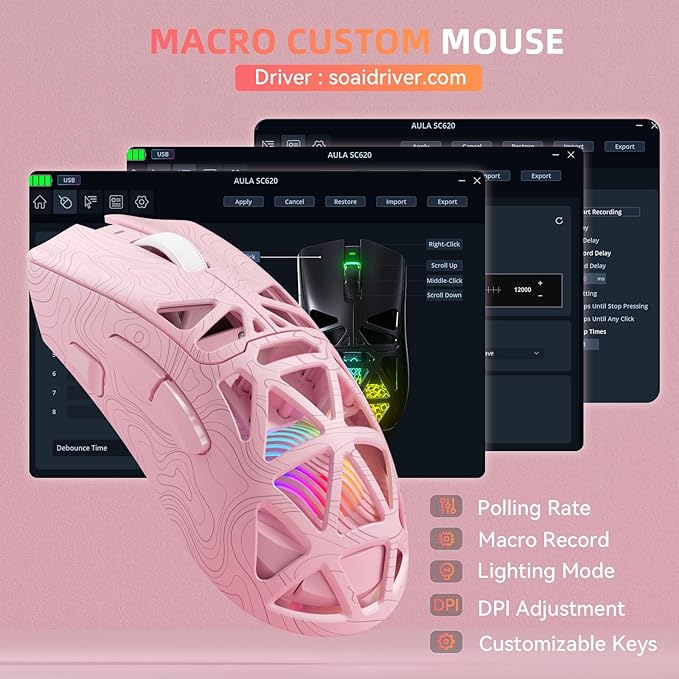 Aula SC620 Wireless Gaming Mouse, Tri-Mode 2.4GHz/USB-C/BT5.3 Computer Mouse with 12000 DPI, Programmable Macro Gamer Mouse with Rapid Fire Key, RGB Light Gaming Mice for PC/Laptop/Mac (Line Pink)