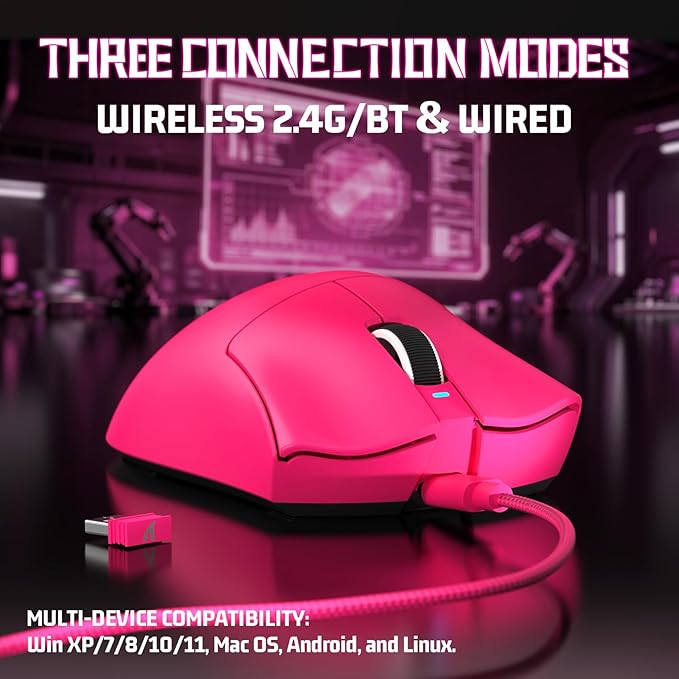 ATTACK SHARK V3 Ultra-Light Wireless Gaming Mouse,PAW3311 Sensor, 500mAh, 62g, 25KDPI 2.4G/BT/USB-C Rechargeable Wireless Mouse with 5 Programmable Buttons for Laptop,PC,Mac Gamer (Berry Red)
