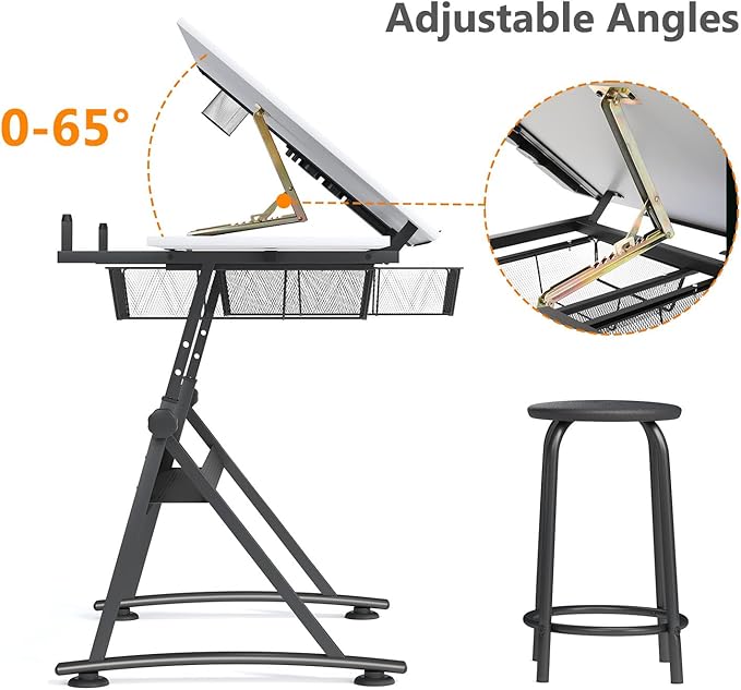 OS MOTOR Adjustable Height Drafting Table with Wood Top, Art Craft Desk with Slide-Out Drawers, Storage, for Drawing, Writing, Painting, and Creative Tasks, Ideal for Home Office, White