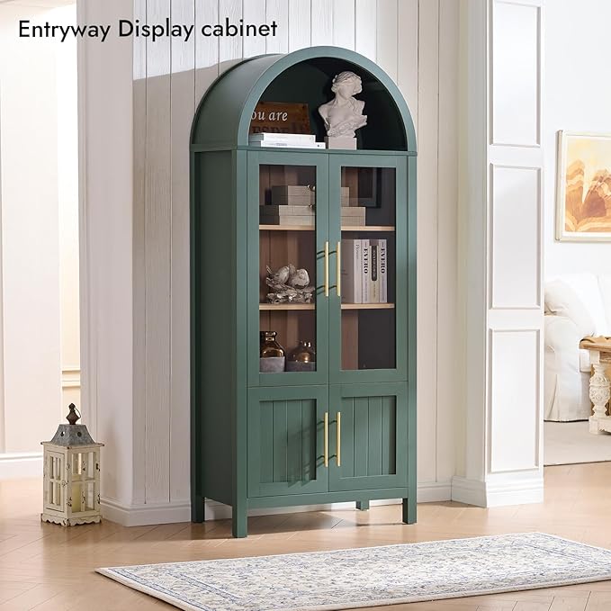 71" Tall Arched Display Cabinet, 5-Tier Bookshelf Modern Farmhouse Arched Bookcase with Glass Doors and Shelves, Wooden Pantry Storage Cabinet for Living Room, Office and Kitchen, Green