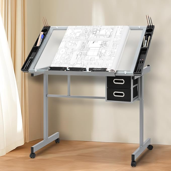 Drafting Table with Angle Adjustable Glass Top, Drawing Table with Storage Drawers,Casters, Art Desk Ideal for Drawing, Painting, Writing, Home Office, Clear Glass