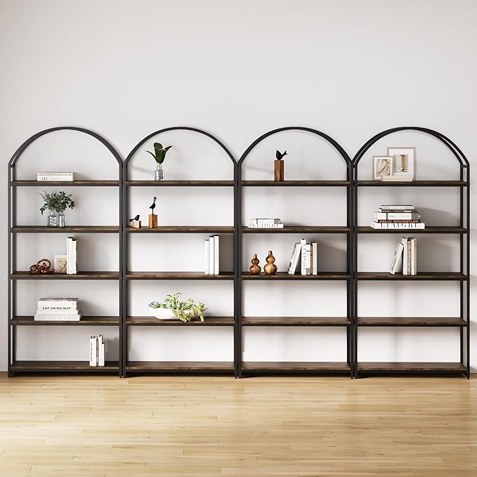 Nathan James Haven Etagere Bookshelf, 5-Shelf Bookcase in Nutmeg Wood and Black Metal Frame with Arch Top and Open Shelves, Nutmeg/Black, Set of 4