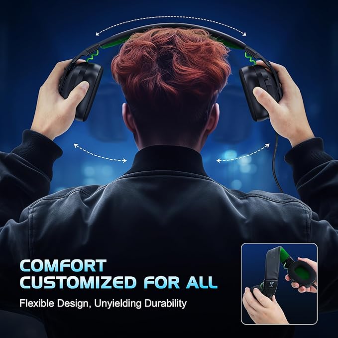 Vakedy HW11 Gaming Headset for PS4,PS5,Xbox Series X,PC,Switch,Gaming Headphones with Noise Canceling Microphone,Stereo Sound,Folding Design,3.5mm Audio Jack (Black/Green)