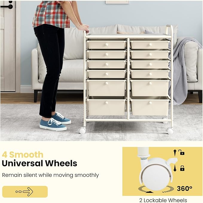 Moccha 12-Drawer Rolling Storage Cart - Utility Cart on Wheels with Lockable Casters for Craft Art Supply Paper Salon, Mobile Drawer Carts for Classroom Teacher School Office (White)
