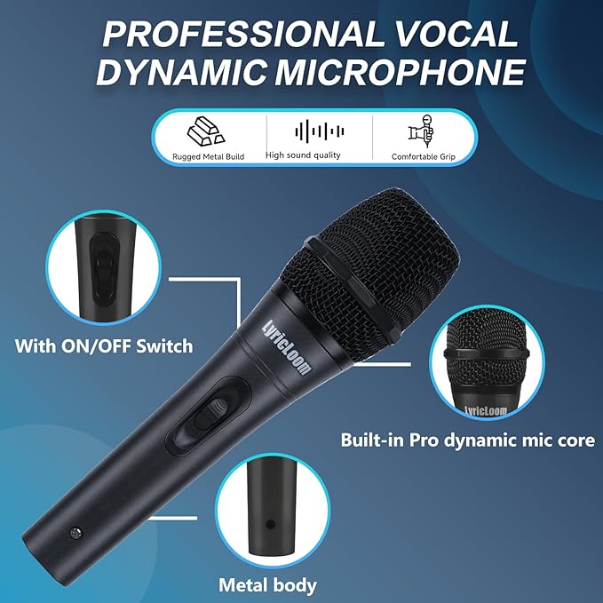 LyricLoom Professional XLR Microphone Wired with Stand, Metal Vocal Dynamic Microphone with Two Cable(16.4 XLR Male to Female & 6.35mm), Corded Microphone for Karaoke, Speaker, Singing, Recording