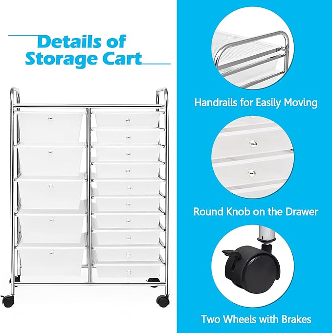 Moccha 15-Drawer Rolling Storage Cart - Under Desk Storage Drawers with wheels for Craft Art Supply Paper Salon, Scrapbook Paper Tools, Mobile Utility Cart for Classroom (15 Drawers, Clear)
