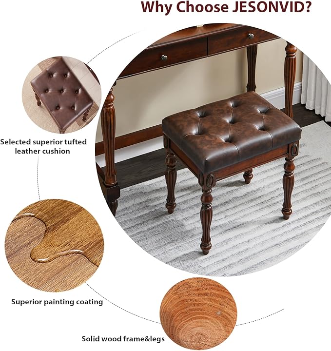Vintage Wooden Writing Desk Stool Set, Large Secretary Desk and Cushioned Stool Set with 2 Drawers, 46" W Wood Writing Table Vanity Makeup Table Sets for Home Office-Cheery&Chestnut Brown