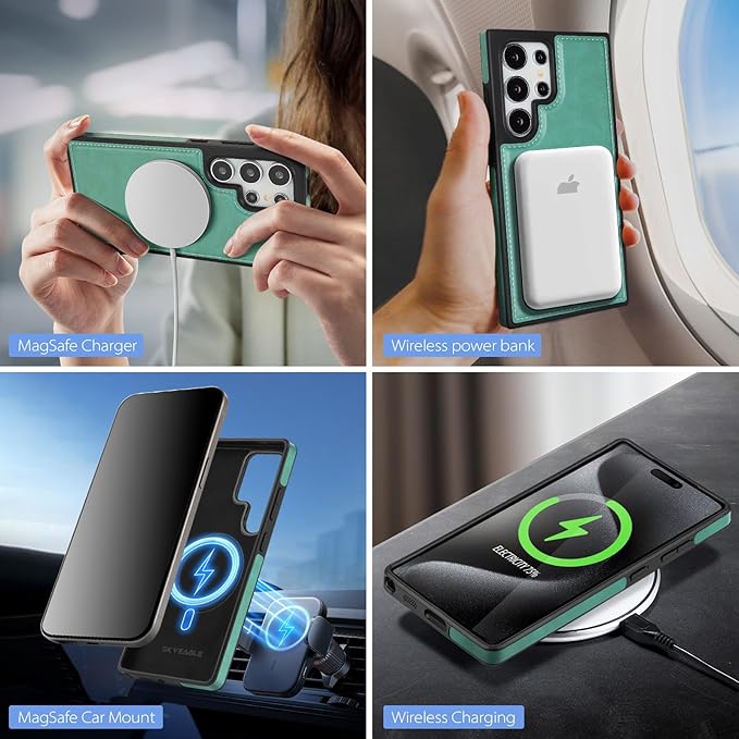 SkyEagle Compatible with Magsafe 2 in 1 Detachable Samsung Galaxy S25 Ultra Wallet Case with Card Holder,Women Men Magnetic PU Leather RFID Blocking Flip Kickstand Credit Slots,Blue Green