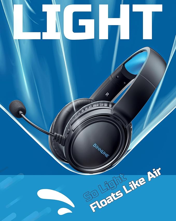 BINNUNE Wireless Gaming Headset — 2.4GHz Low-Latency USB Dongle + Bluetooth, 50mm Drivers 7.1 Surround, Noise-Cancelling Mic, 40H Battery — Over Ear Wireless Headphones for PS5, PC, Laptop, Blue