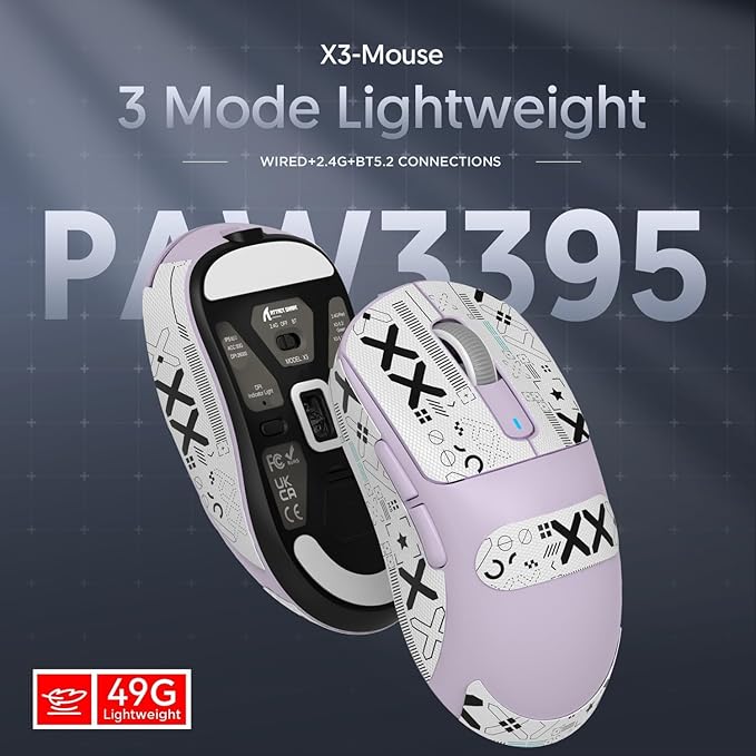 MAMBASNAKE x Attack Shark Wireless Gaming Mouse, 49g Ultralight, PixArt PAW3395 26000 DPI, Bluetooth/2.4Ghz /Wired Tri-Mode, 200Hrs Rechargeable Battery, Kailh GM8.0 Switch for PC/MAC/Win, Purple&Tape