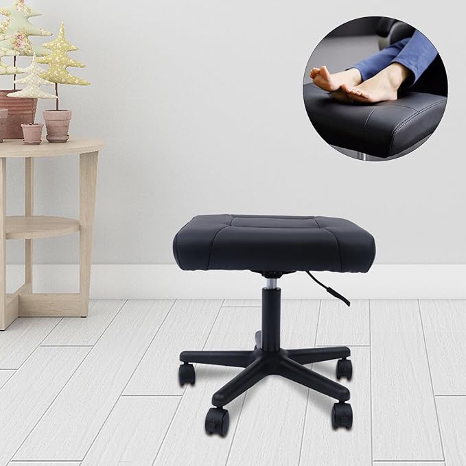 Black Adjustable Foot Stool with Wheels, Footrest Adjustable Height Footstool, Height Adjustable Rolling Leg Rest, Comfortable and Soft Leather Mat Footrest, for Bar, Home, Office Use