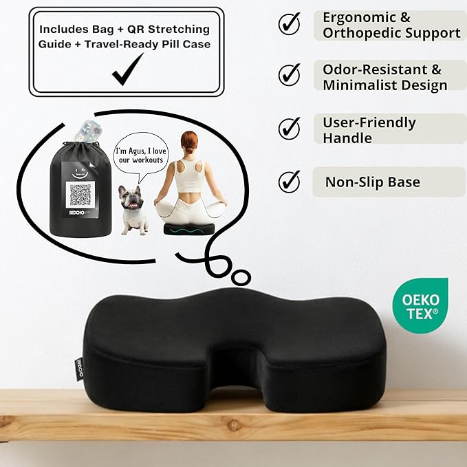 Seat Cushion For Tailbone Pain Relief – Ergonomic Gel Memory Foam Pad for Sciatica & Lower Back Support, Perfect for Office, Car, Truck, Gamer, Airplane, Wheelchair & Home, Bonus Pill Case Included