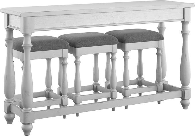 Coastal Desk Table Set with 3 Stools: White Wooden Table & Gray Upholstered Stools - 3 Drawer Workstation for Small Apartments & Home Office Use