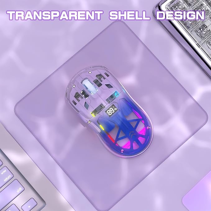 ZIYOU LANG A2 Transparent Wireless Gaming Mouse with Battery Level Display,Bluetooth/2.4G Wireless PC Mice,3D RGB Backlit,5 Million Clicks,PixArt 3212,up to 4000 DPI for Win/MAC,Purple