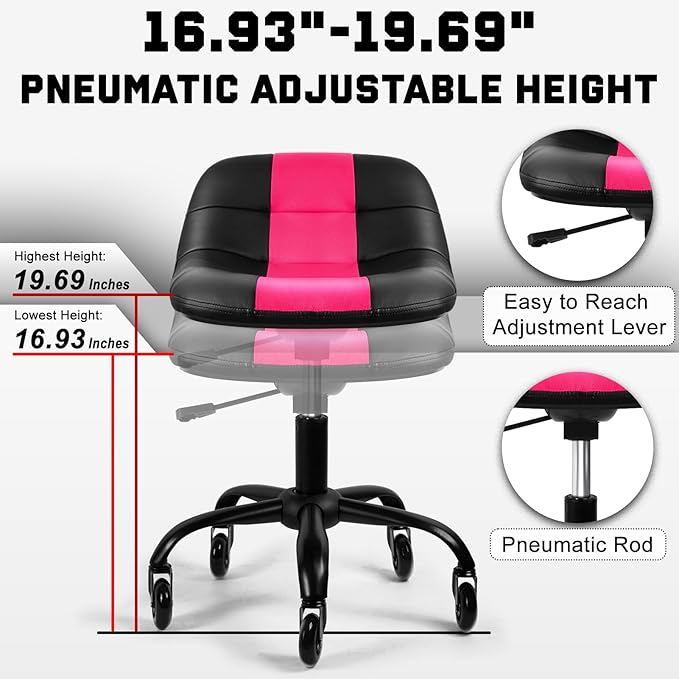 Rolling Shop Stool with Wheels, Rolling Stool with Back Support, 360° Swive Garage Chair, Height Adjustable Chair 330lb Heavy Duty for Spa Salon Massage Home Office Tattoo (Pink)
