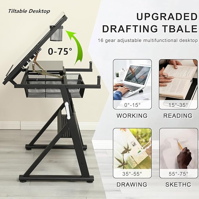 Drafting Table with Stool, Upgraded Height Adjustable Drawing Desk Art Table Drafting Desk with 0-75° Tilting Glass Tabletop and More Storage for Home Office, Type 2-Black