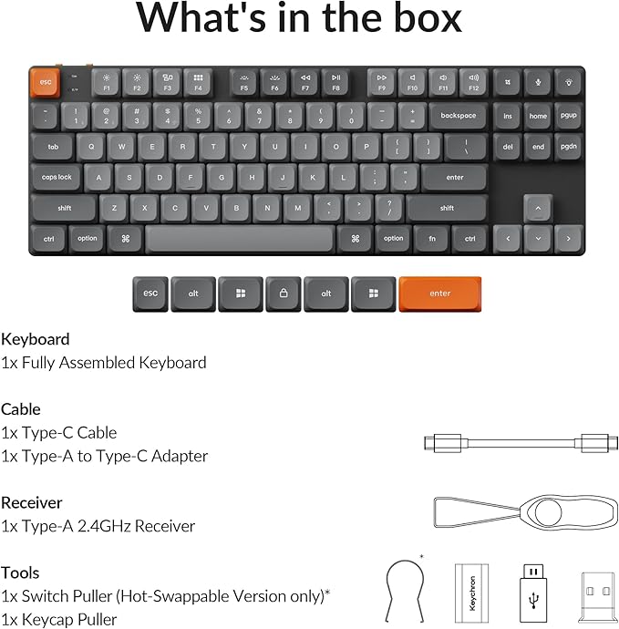 Keychron K1 Max Ultra-Slim QMK/VIA Bluetooth Wireless/USB Wired Custom Mechanical Keyboard, 2.4 GHz Hot Swappable TKL Layout RGB Backlight Ergonomic Keyboard with Low-Profile Gateron Red Switch