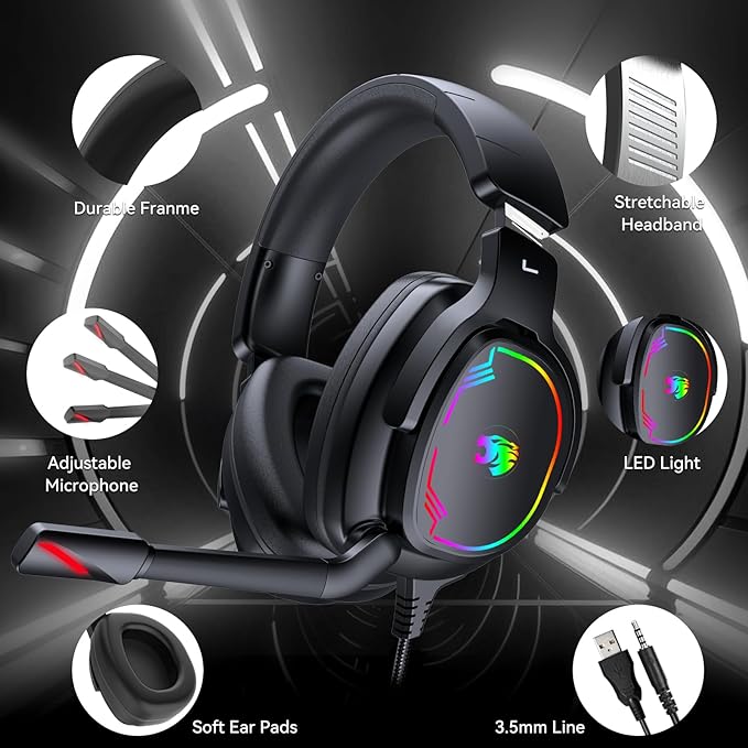 Jimonyer Gaming Headset for PC/PS4/PS5/Xbox One/Switch, Stereo Surround Sound Gaming Headphones with Noise Canceling Flexible Mic, Computer Headset with 3.5mm Jack(Black)