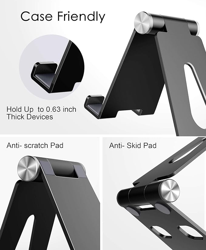 Cell Phone Stand, Updated Adjustable Desktop Phone Holder Cradle,Fully Foldable, Thick Case Friendly, Portable Aluminum Compatible with All Mobile Phones, Switch, Tablets(4-10in)-Black