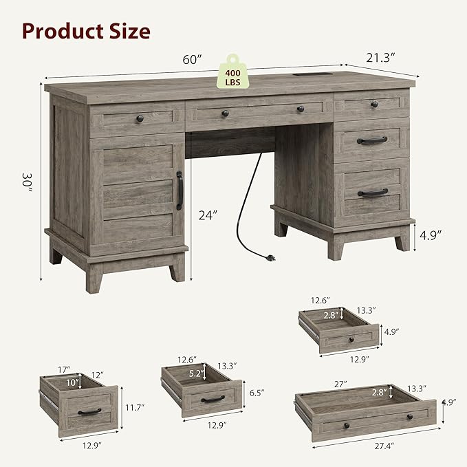 IDEALHOUSE Farmhouse Executive Desk 60 Inch, Wooden Home Office Desk with Adjustable Storage Cabinet, Built-in Charging Port, File Cabinet for Writing & Study, Elegant Workstation, Retro Gray