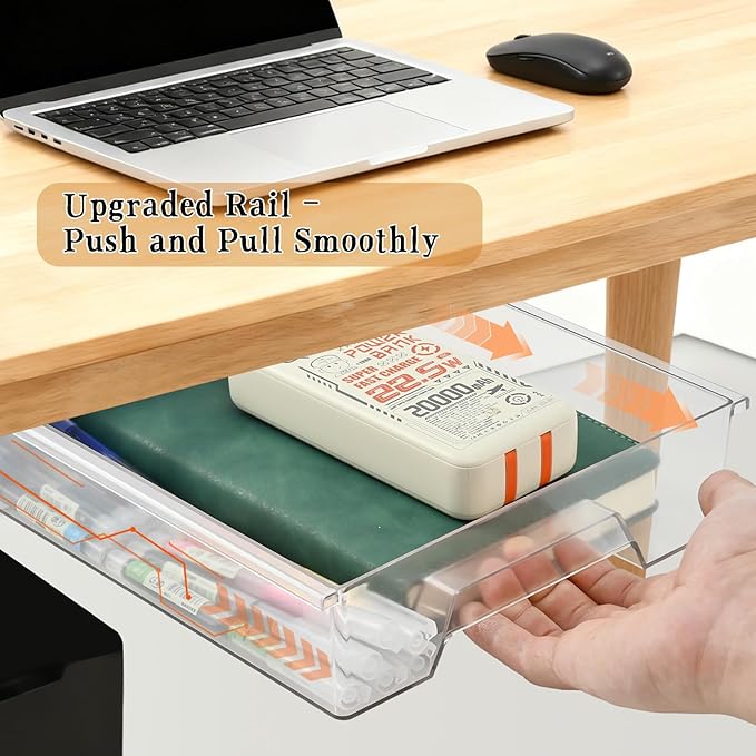 Upgraded Super Capacity 11.85 "x 8.9" Under Desk Drawer Hidden Strorage Drawer Self-Adhesive Slide Out with Smooth Gliding Motion - Attachable & Space-Saving Under Desk Organizer with Screw Kit, Clear