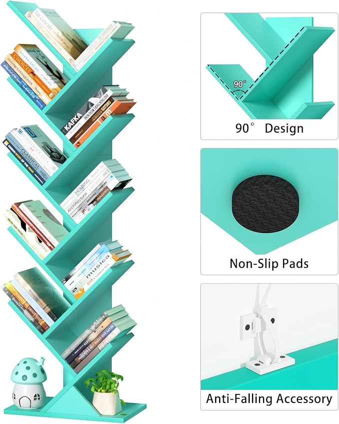 SHEEPAM 10 Tier Tree Book Shelf, Floor Standing Wood Bookshelf for Narrow Space, Storage Organizer Bookshelves for Books/CDs/Magazine, Bookcase with Shelves for Home Office, Living Room - Green