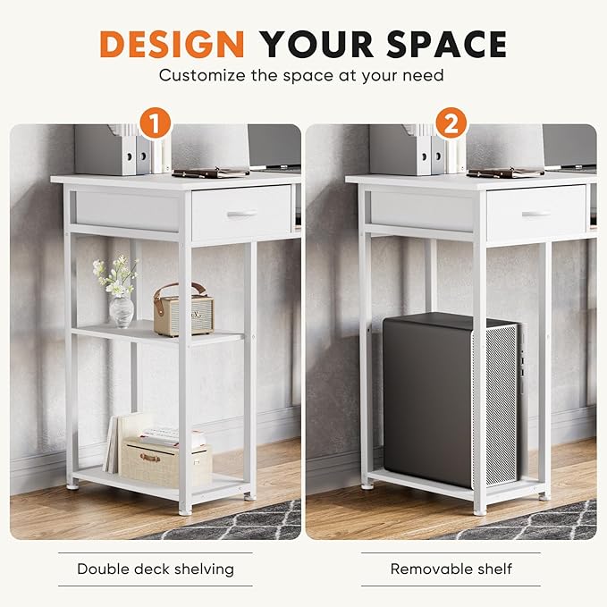Sweetcrispy Computer Gaming Desk with Fabric Drawers - 48 Inch Home Office Bedroom Writing StudyTable with Storage Shelves Adjustable Feet PC Desk, White