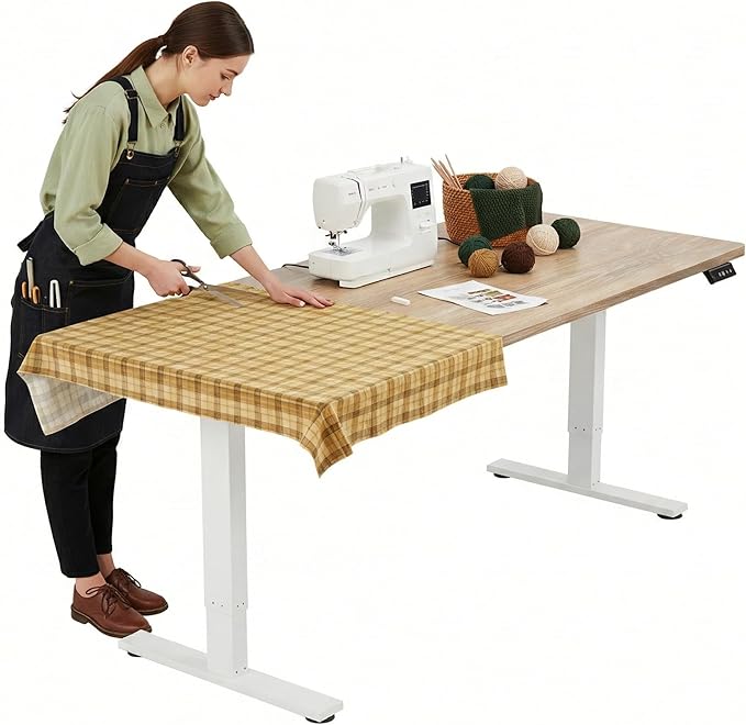 TIQLAB Electric Adjustable Sewing Table, 63"x24" Workbench Adjustable Height, Ergonomic Worktable for Garage, Craft Desk, Spacious Desk for Sewing and Crafts, Maple
