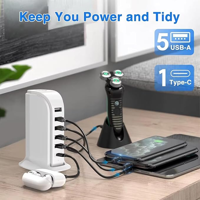 USB Charging Station for Multiple Devices, 40W Multiport Charger Tower, Type C Port Supports PD Quick Charge Compatible with iPhone, Smartphones, Tablets and Other Devices (White)