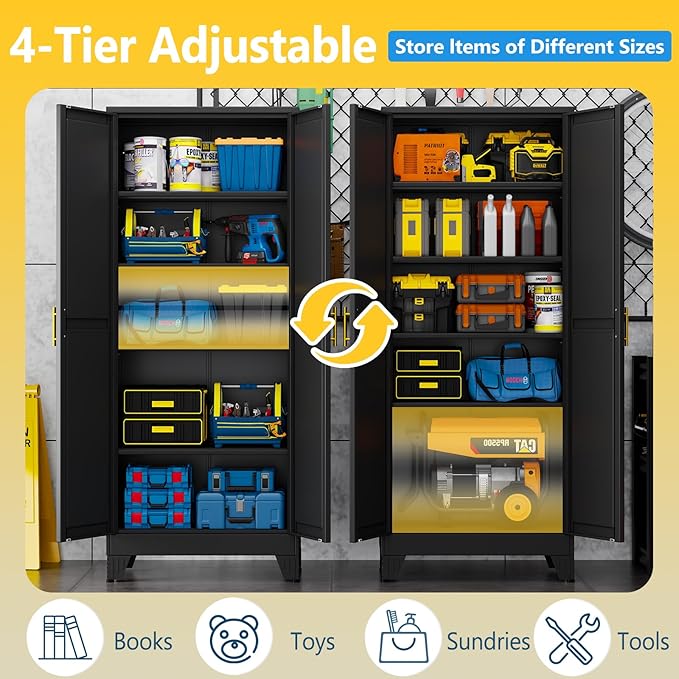 PAOFIN 71" Metal Storage Cabinet with 2 Doors and 4 Adjustable Shelves,Black Metal Garage Storage Cabinets, File Cabinet,Steel Tool Cabinets for Home,Office,Garage,School,Warehouse