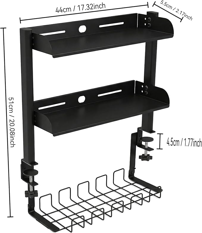 Clamp On Desk Shelf, 17'' 2-Tier Desktop Organizer Shelf with Under-Desk Hidden Storage Basket, Heavy-Duty Desk Shelves for Top of Desk, Space-Saving Desk Storage for Home Office Gaming Setup (Black)