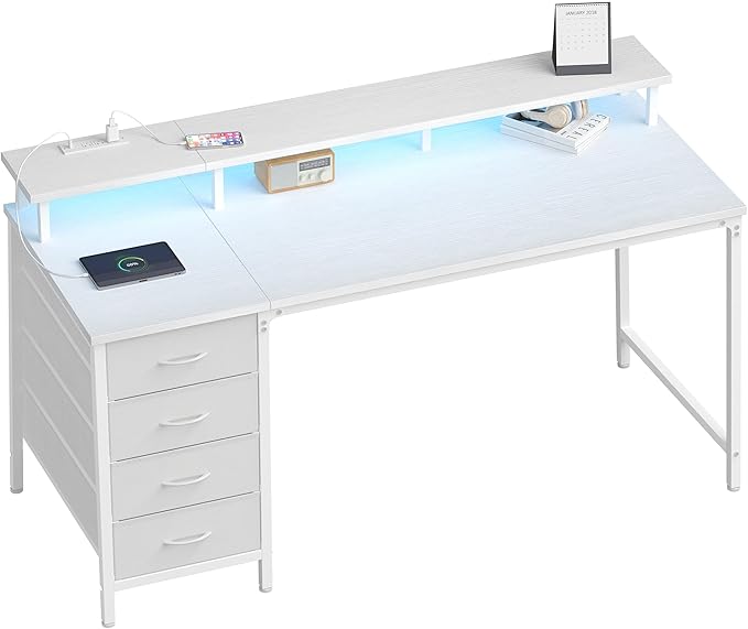 DUMOS Computer Desk with 4 Drawers,4 Drawer Gaming Desk with Power Outlets and LED Lights,Office Desk for Small Spaces with Monitor Shelf,Writing Desk for Home Office, Bedroom,Study 45 Inch White