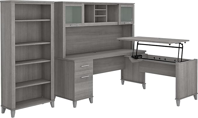 Bush Furniture Somerset 72W 3 Position Sit to Stand L Shaped Desk with Hutch and Bookcase in Platinum Gray