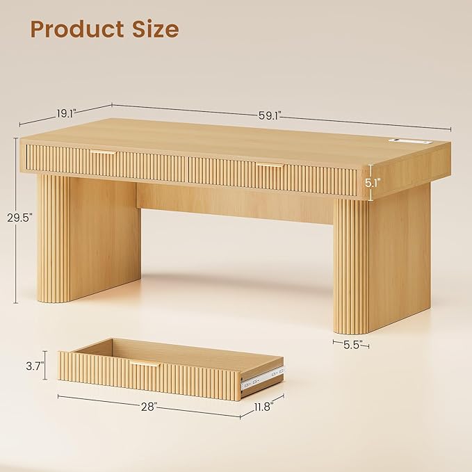 SEDETA Office Desk with 2 Drawers, 59" Fluted Computer Desk with Storage and Power Strip, Wood Executive Desk, Writing Desk for Home Office, Living Room, Bedroom, Oak