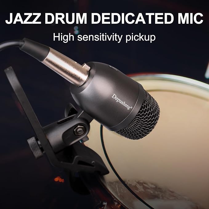 Depusheng 5-Piece Wired Dynamic Drum Mic Kit (Whole Metal) Kick Bass, Tom/Snare & Cymbals Microphone-Use for Drums, Vocal, Other Instrument Complete with Thread Clip 7 On Stage Audio Cables