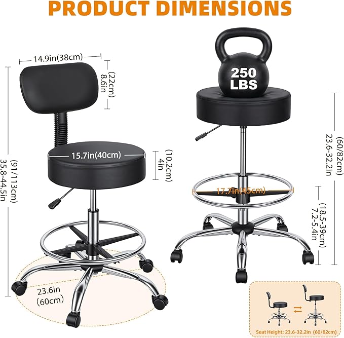 Drafting Stool with Backrest, Height Adjustable Drafting Chair Rolling Stool Faux Leather Swivel Stool, Footrest Ring Tall Work Stool Counter Height Office Salon Studio Lab Chair (Black)