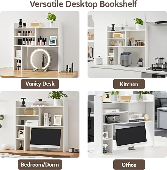 OFCASA Desktop Bookshelf, Countertop Storage Hutch with 7 Shelves for Computer Desk, 35.4'' 3-Tier Display Rack, Multipurpose Wooden Desk Hutch Storage Organizer for Home Office Dorm, White