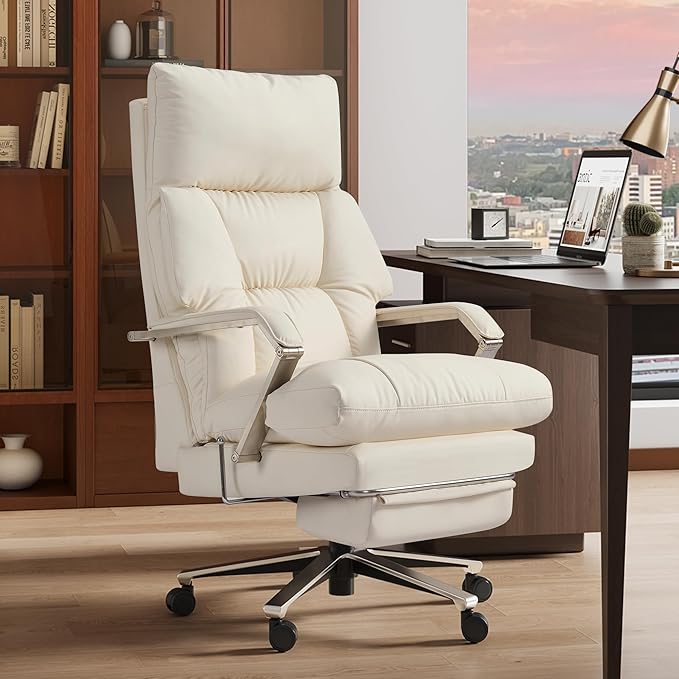OKUP M76 160° Reclining Executive Office Chair with Footrest, Adjustable Seat Depth, 10" Thick Cloud Cushion Desk Chair, 420lb Heavy Duty High Back Leather Desk Chair for Home Office, Cream