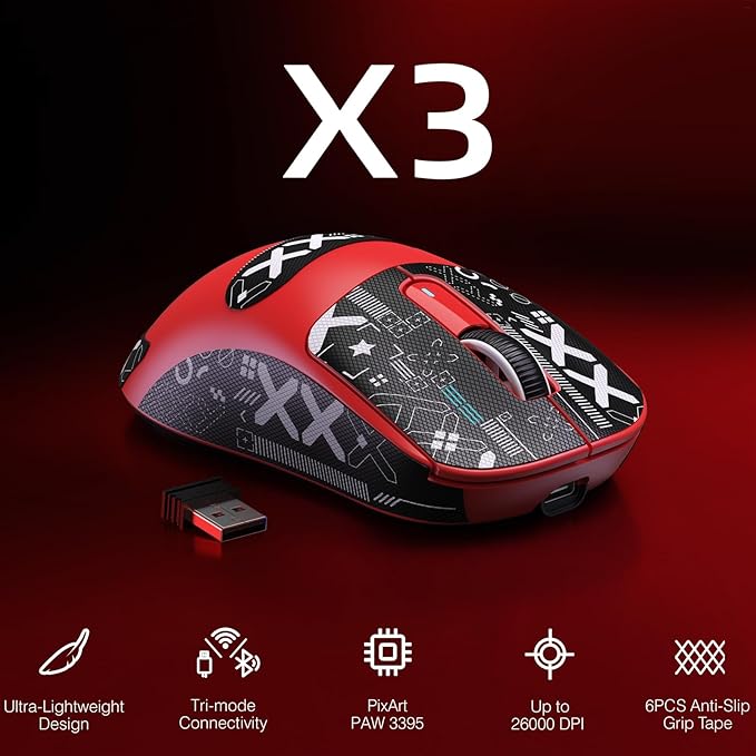ATTACK SHARK X3 Lightweight Wireless Gaming Mouse with Tri-Mode 2.4G/USB-C Wired/Bluetooth,26K DPI, PAW3395 Optical Sensor,Kailh GM8.0 Switch,5 programmable Buttons for PC/Win/Mac(Red+Stickers)