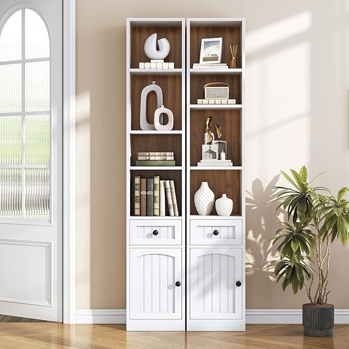 HOOBRO 70.9" Inch Tall Bookcase, Tall Narrow Bookshelf with Storage Cabinet and Adjustable Shelf, Space Saving Storage Shelf Bookcase for Office, Living Room, Bedroom, White and Walnut WH42SJ01