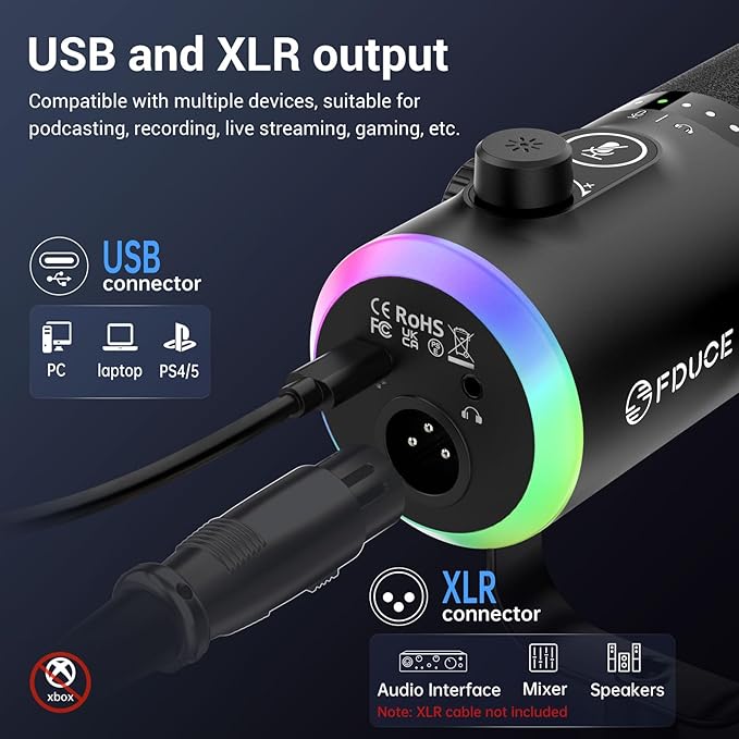 FDUCE USB/XLR Gaming Microphone kit, Dynamic PC Mic for Podcasting Streaming, Computer RGB Mic Kit with Desktop Stand, Mute Button and Headphone Jack, for Recording, Vocal Voice-Over (D30)