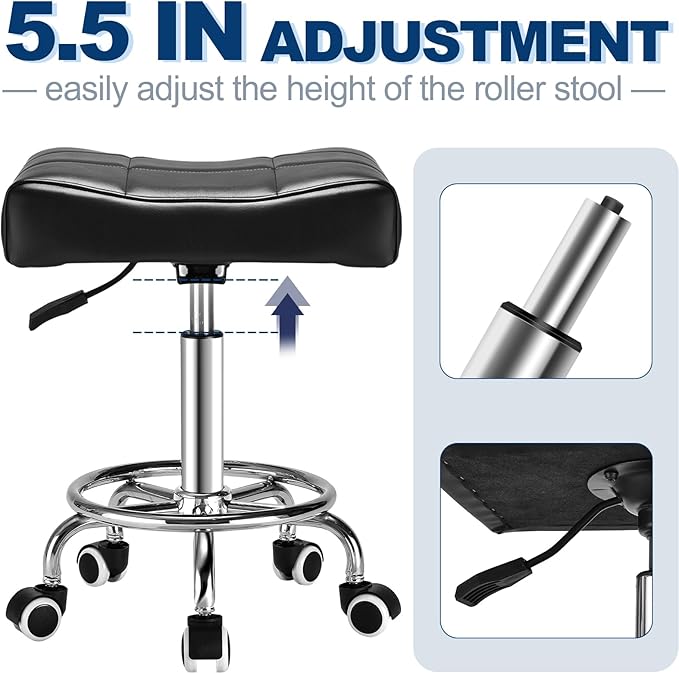 Square Salon Rolling Stool - 300lbs Weight Capacity，Adjustable Swivel Stool with Wheel，Pu Leahter Comfortable Cutting Stools for Salon Tattoo Stylist Massage Perfect for Work SPA (Black)